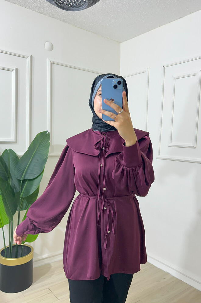 Yakalı Kalın Saten Gömlek - Bordo