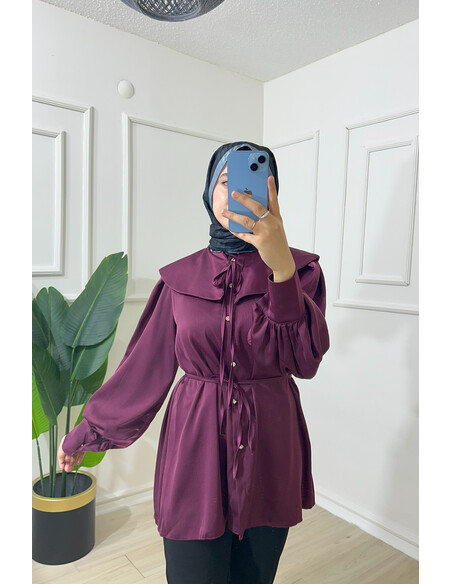 Yakalı Kalın Saten Gömlek - Bordo