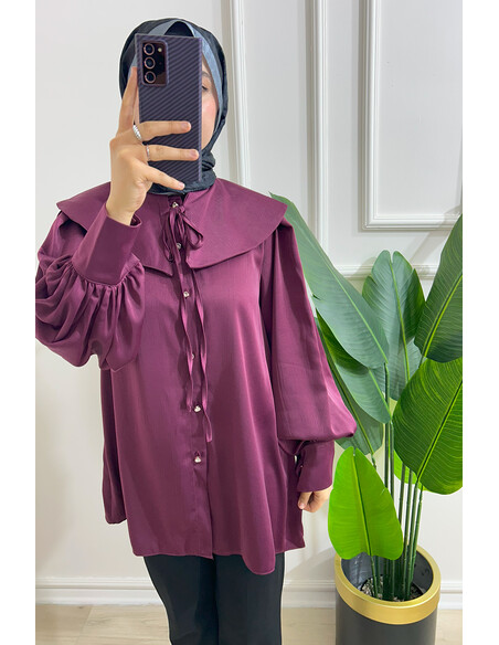 Yakalı Kalın Saten Gömlek - Bordo