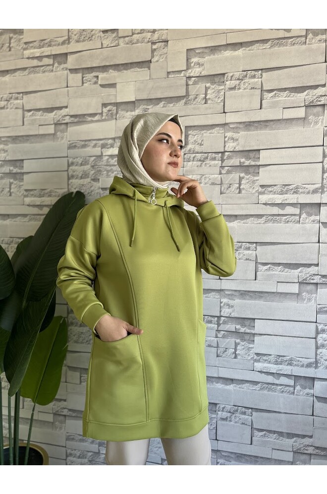 Boğazı Fermuar Detaylı Sweat Yağ Yeşili