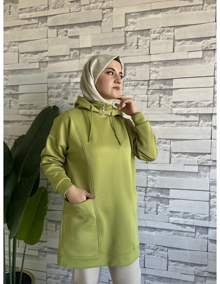 Boğazı Fermuar Detaylı Sweat Yağ Yeşili