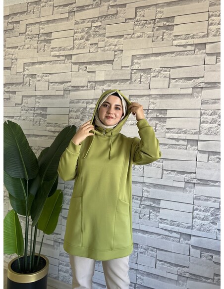 Boğazı Fermuar Detaylı Sweat Yağ Yeşili