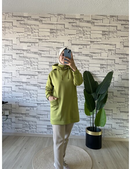 Boğazı Fermuar Detaylı Sweat Yağ Yeşili