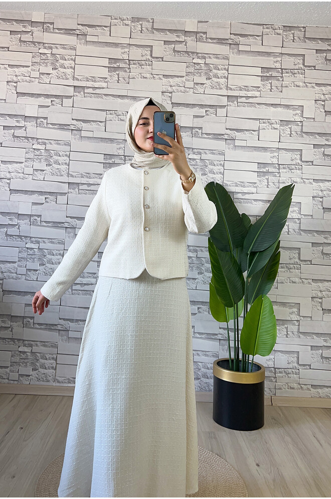 Düğme Detaylı Tüvit İkili Takım Krem