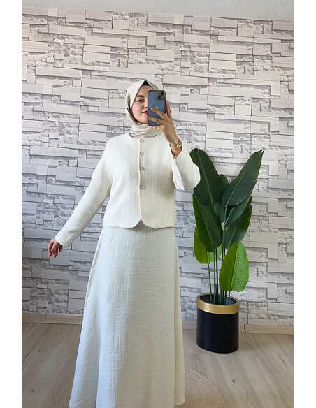 Düğme Detaylı Tüvit İkili Takım Krem