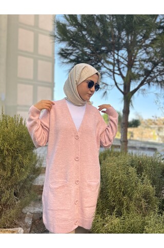 Düğme Detaylı Cepli Uzun Hırka Pembe 2