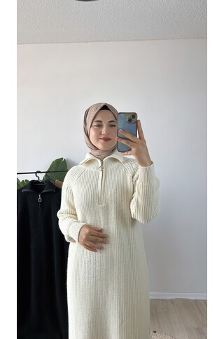 Fermuar Detaylı Triko Elbise Krem 2