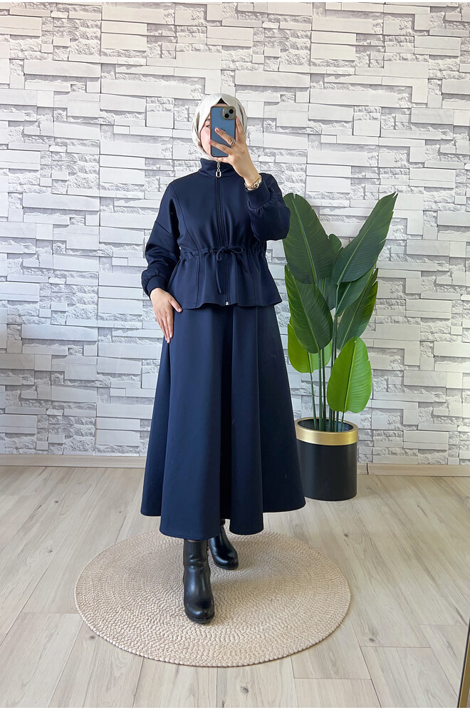 Bel Büzgülü Etekli Scuba Takım Lacivert