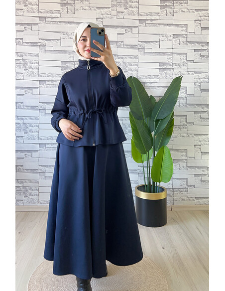 Bel Büzgülü Etekli Scuba Takım Lacivert