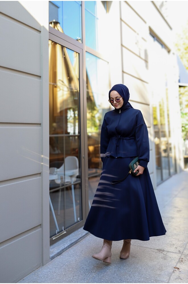 Bel Büzgülü Etekli Scuba Takım Lacivert