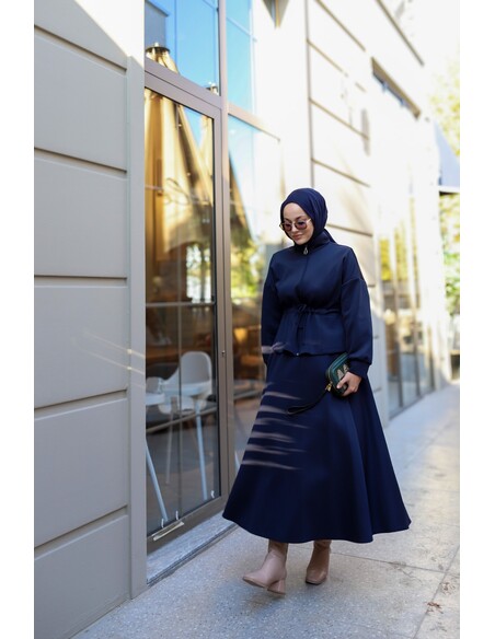 Bel Büzgülü Etekli Scuba Takım Lacivert