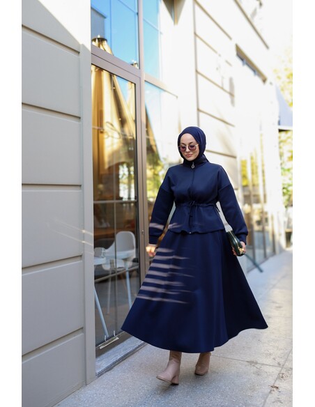 Bel Büzgülü Etekli Scuba Takım Lacivert