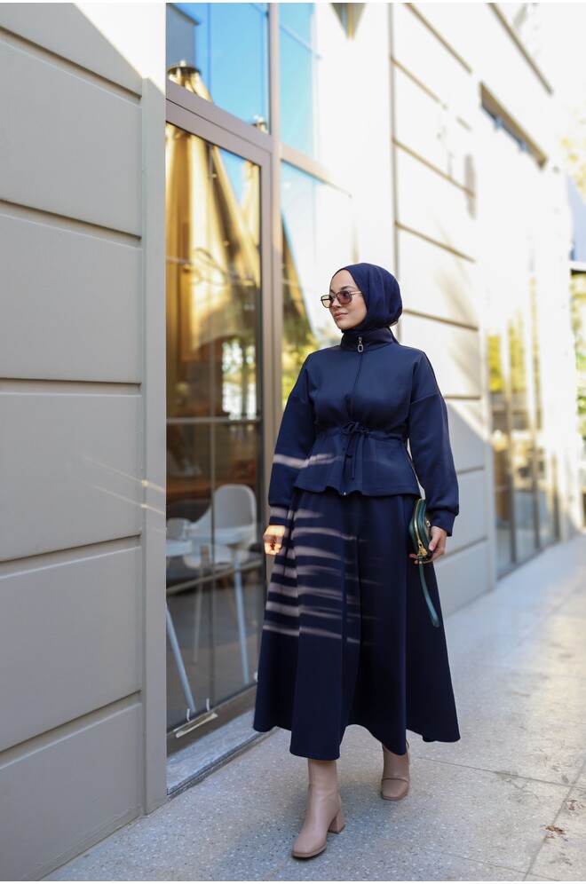 Bel Büzgülü Etekli Scuba Takım Lacivert