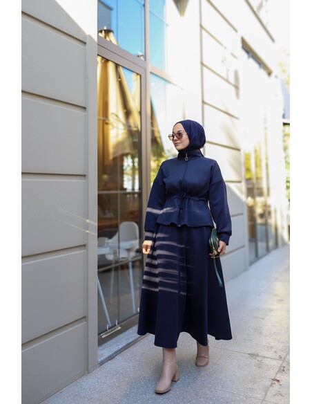 Bel Büzgülü Etekli Scuba Takım Lacivert