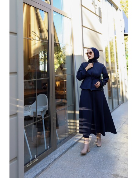 Bel Büzgülü Etekli Scuba Takım Lacivert