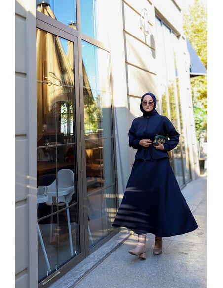 Bel Büzgülü Etekli Scuba Takım Lacivert