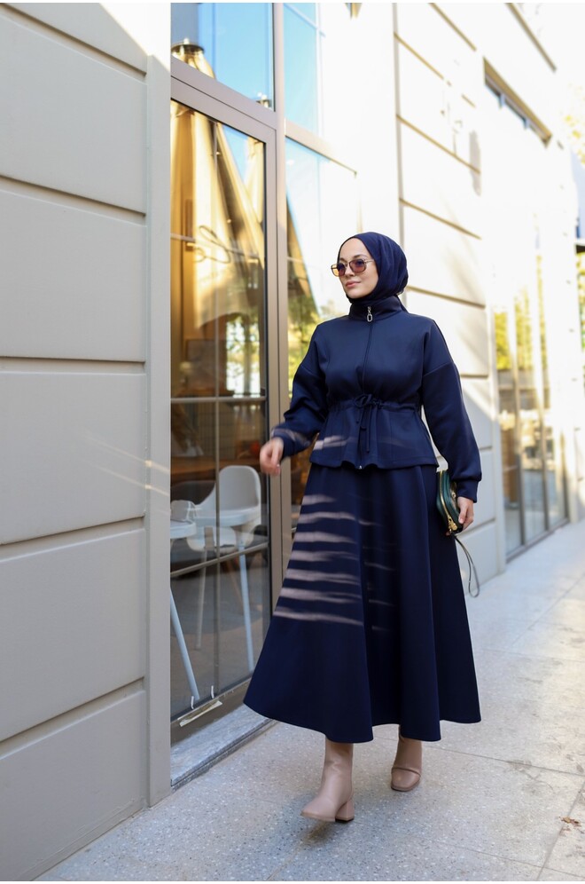 Bel Büzgülü Etekli Scuba Takım Lacivert