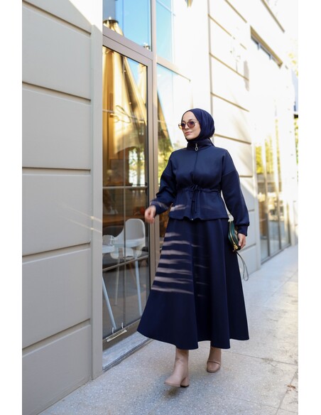 Bel Büzgülü Etekli Scuba Takım Lacivert