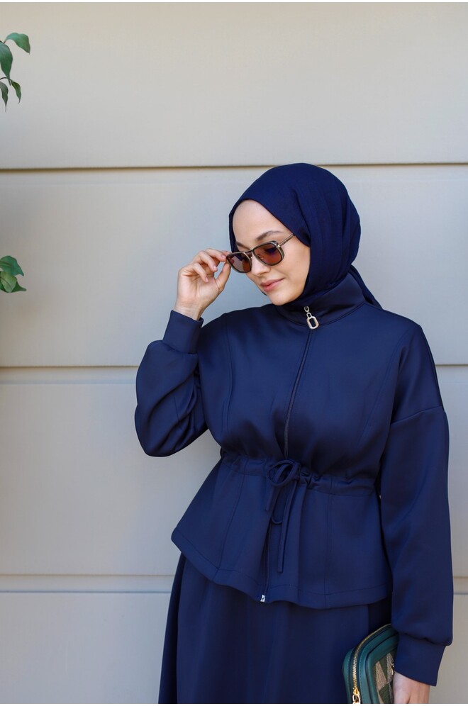 Bel Büzgülü Etekli Scuba Takım Lacivert