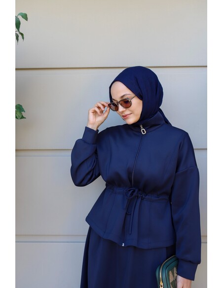 Bel Büzgülü Etekli Scuba Takım Lacivert