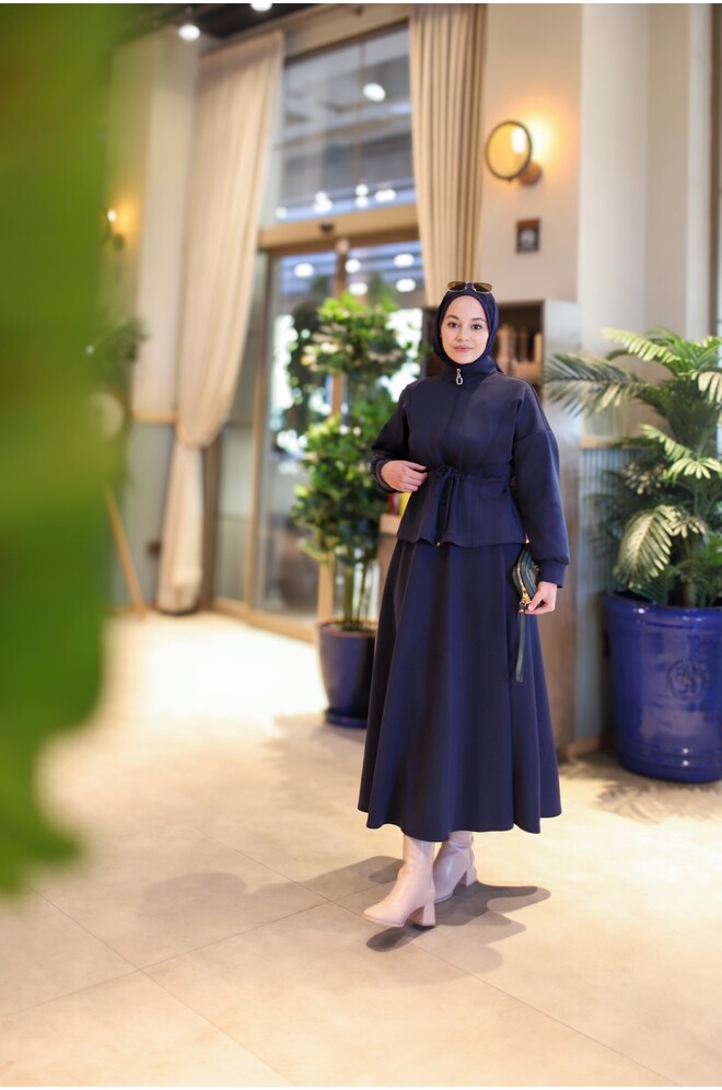 Bel Büzgülü Etekli Scuba Takım Lacivert