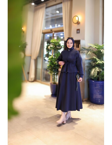 Bel Büzgülü Etekli Scuba Takım Lacivert