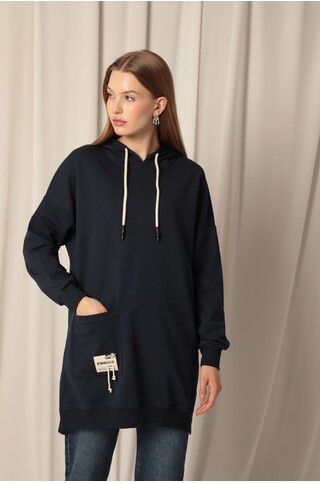 İki İplik Kumaş Armalı Kapüşonlu Kadın Lacivert Tunik Sweat 2