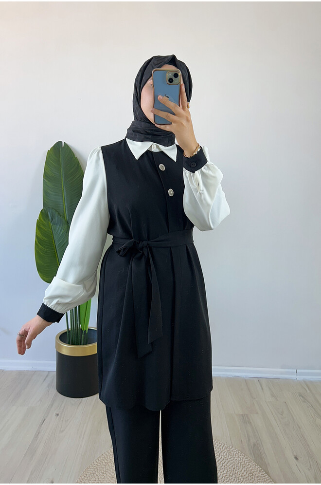 Şık Düğme Detaylı İkili Takım Siyah