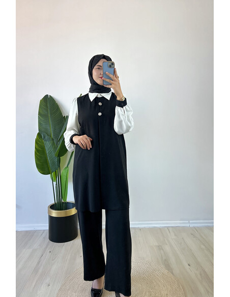 Şık Düğme Detaylı İkili Takım Siyah