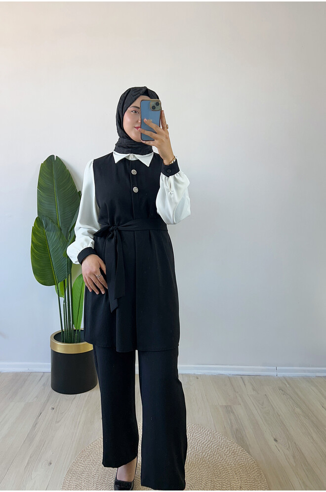 Şık Düğme Detaylı İkili Takım Siyah