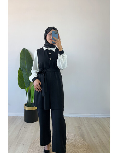 Şık Düğme Detaylı İkili Takım Siyah