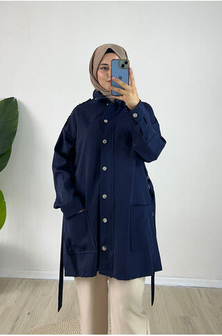 Atlas Kumaş Apoletleri Taş Espiri Kadın Ceket-Lacivert 2