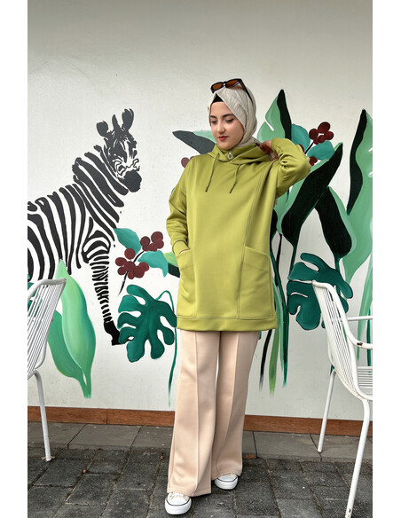 Boğazı Fermuar Detaylı Sweat Yağ Yeşili