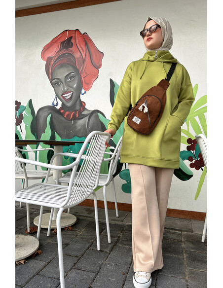 Boğazı Fermuar Detaylı Sweat Yağ Yeşili