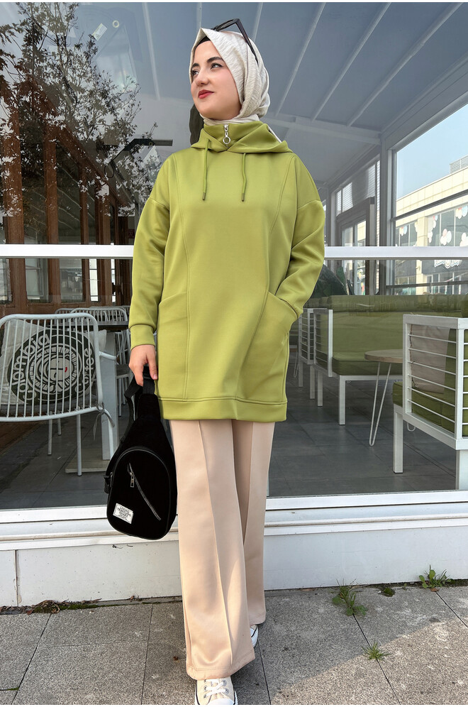 Boğazı Fermuar Detaylı Sweat Yağ Yeşili