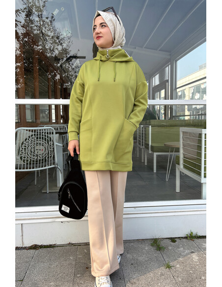 Boğazı Fermuar Detaylı Sweat Yağ Yeşili