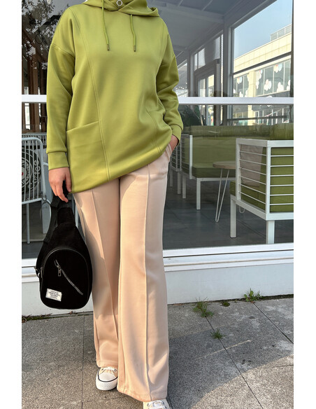 Boğazı Fermuar Detaylı Sweat Yağ Yeşili