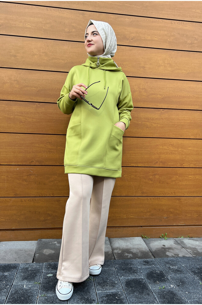 Boğazı Fermuar Detaylı Sweat Yağ Yeşili