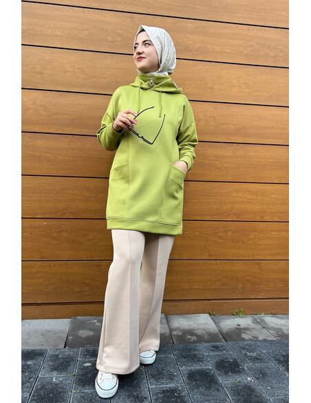 Boğazı Fermuar Detaylı Sweat Yağ Yeşili