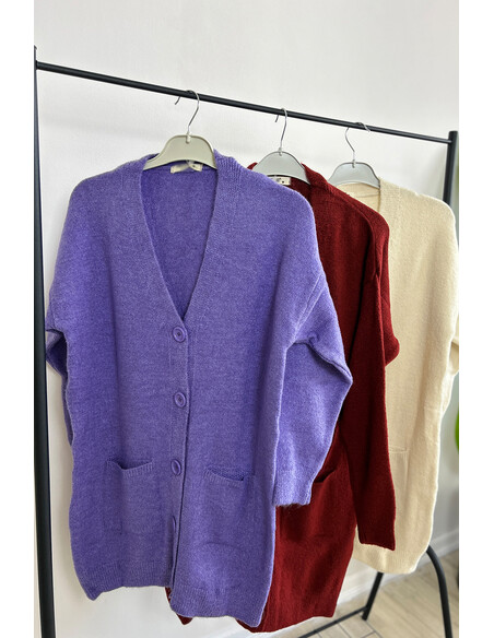 Düğme Detaylı Cepli Uzun Hırka Krem