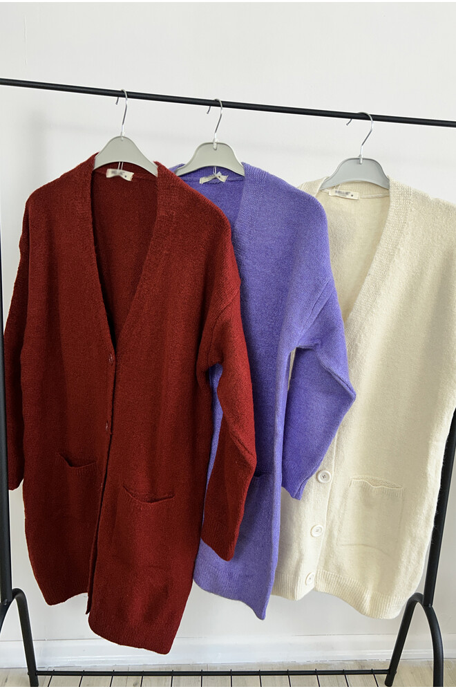 Düğme Detaylı Cepli Uzun Hırka Krem