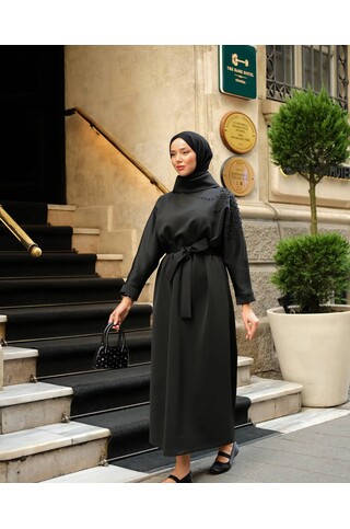 Boncuk Detaylı Scuba Elbise Siyah 2
