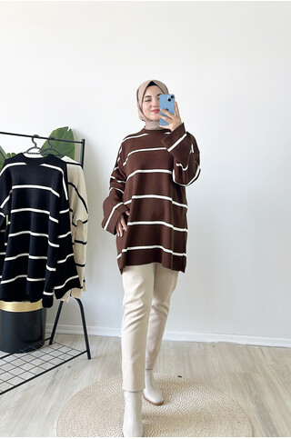 Çizgili Oversize Triko Kazak Kahve 2