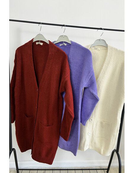 Düğme Detaylı Cepli Uzun Hırka Bordo