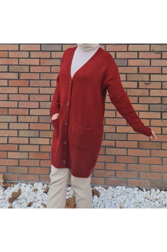 Düğme Detaylı Cepli Uzun Hırka Bordo