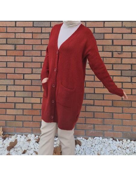 Düğme Detaylı Cepli Uzun Hırka Bordo