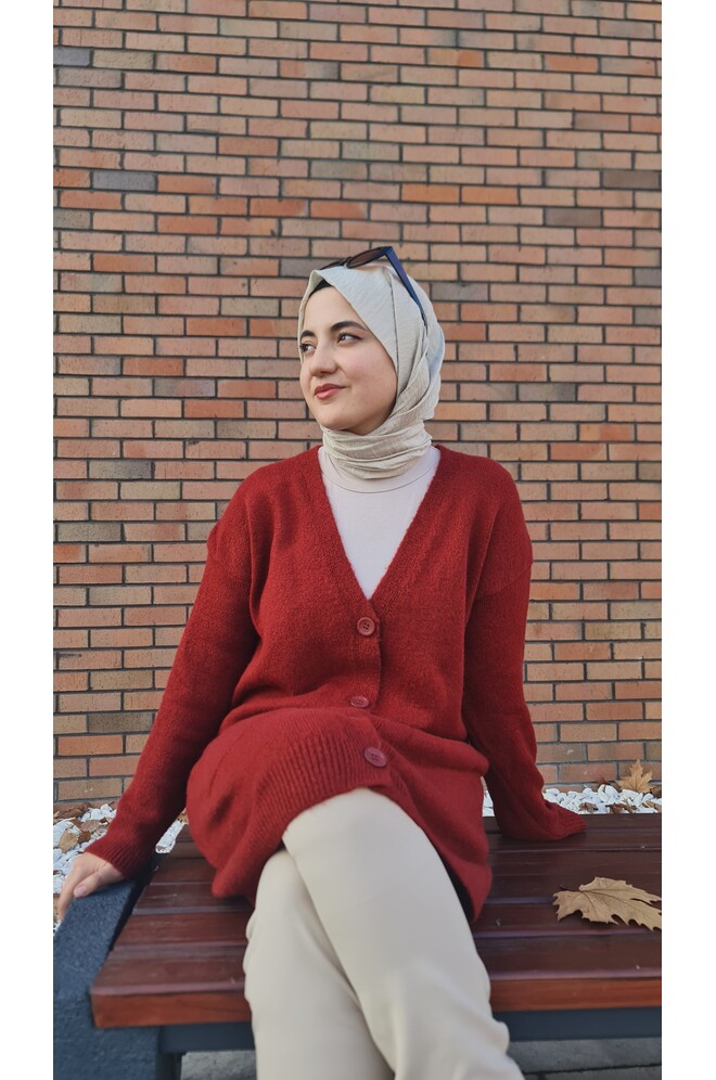 Düğme Detaylı Cepli Uzun Hırka Bordo