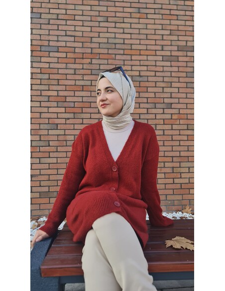 Düğme Detaylı Cepli Uzun Hırka Bordo