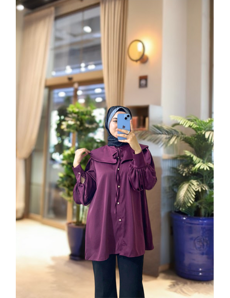 Yakalı Kalın Saten Gömlek - Bordo