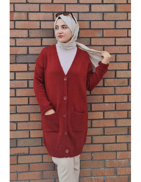 Düğme Detaylı Cepli Uzun Hırka Bordo